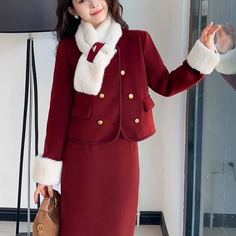 Retro Wool Suit with Breathable Rabbit Fur Neck Scarf & Decorative Buttons Two-Piece Set with Polyester Fiber Lining