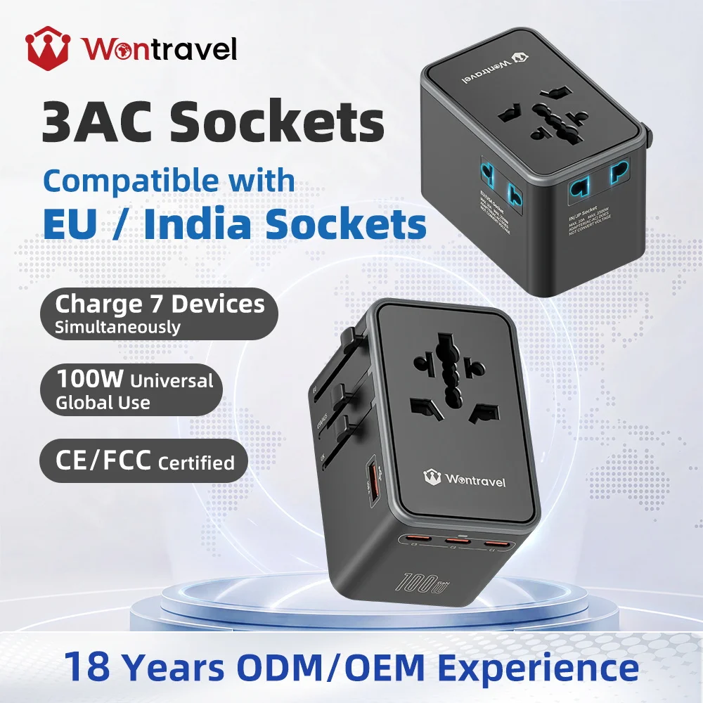 Wontravel 3AC Outlet FCC CE International 100W GaN Universal Travel Adapter 3usb-c Usb-a PD 3.0 for Laptop