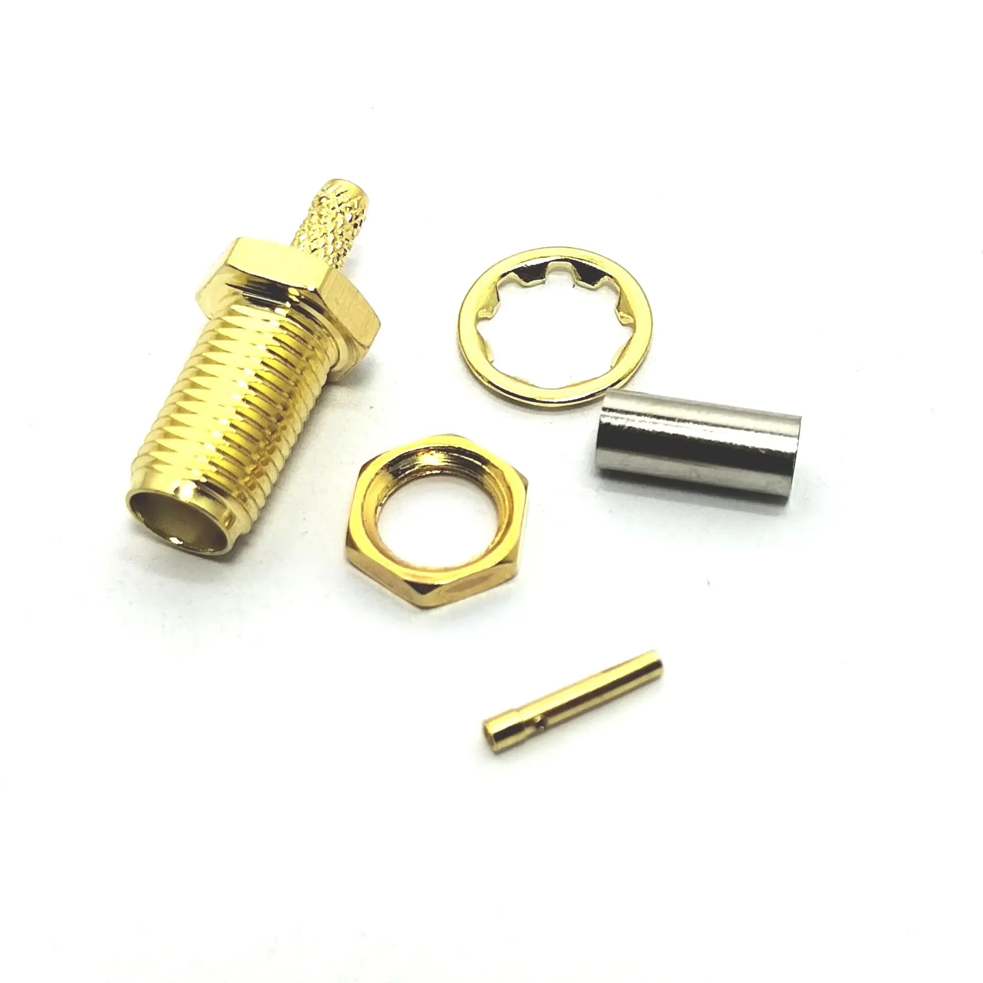 Vente directe d'usine : fiche femelle SMA, type hembra, pour montage sur panneau, à sertir, pour câbles RG174 et RG316, connecteur coaxial RF, conforme à la directive RoHS, en stock, en laiton et cuivre