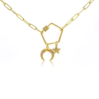 Hot Sale Necklace Pendant Clasp Hexagon Paper Clip 18K Gold Moon Star Necklace