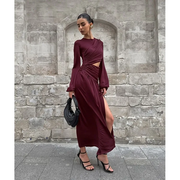 wine winter dress Women's 2025 Fall Winter Vintage Wine Red Crew Neck Knitted Dress Luxury  Cutout Detail High Waist A-Line Maxi Dress for Women| Alibaba.com