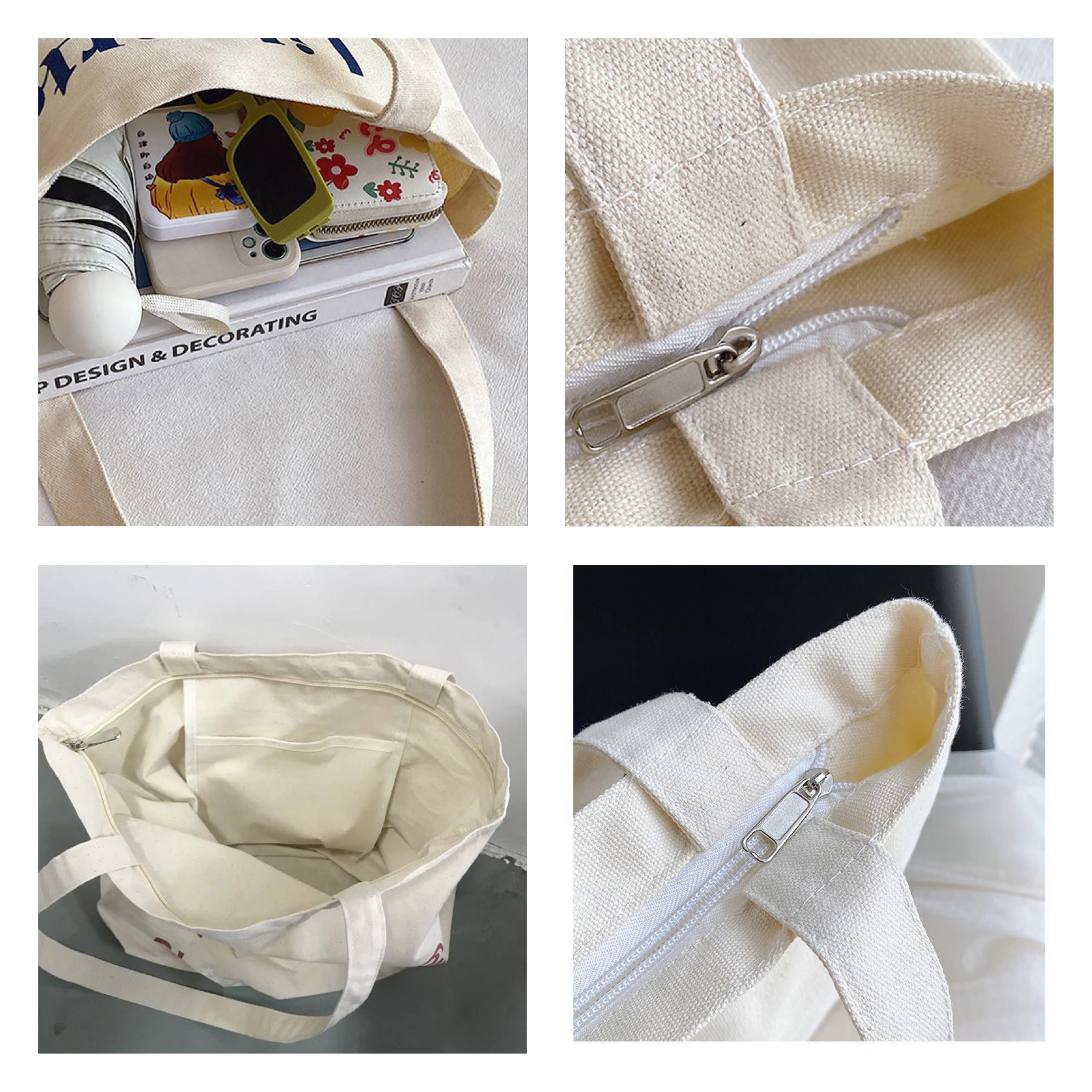 Wholesale Heavy Duty Plain Canvas Tote Bag with Zipper Inside Pockets for Shopping