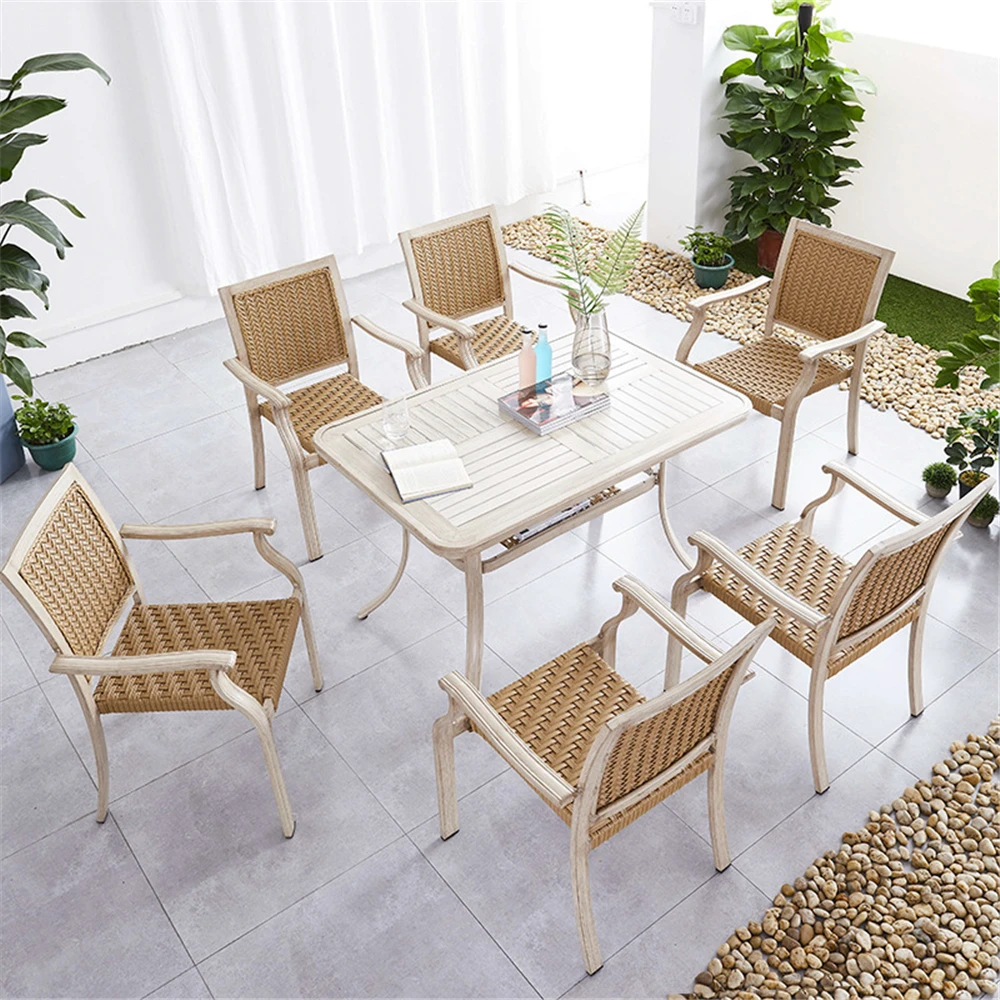 Wholesale metal rattan set leisure outdoor furniture garden dining table with 4 Chair aluminum ratten PE wicker dinning chair