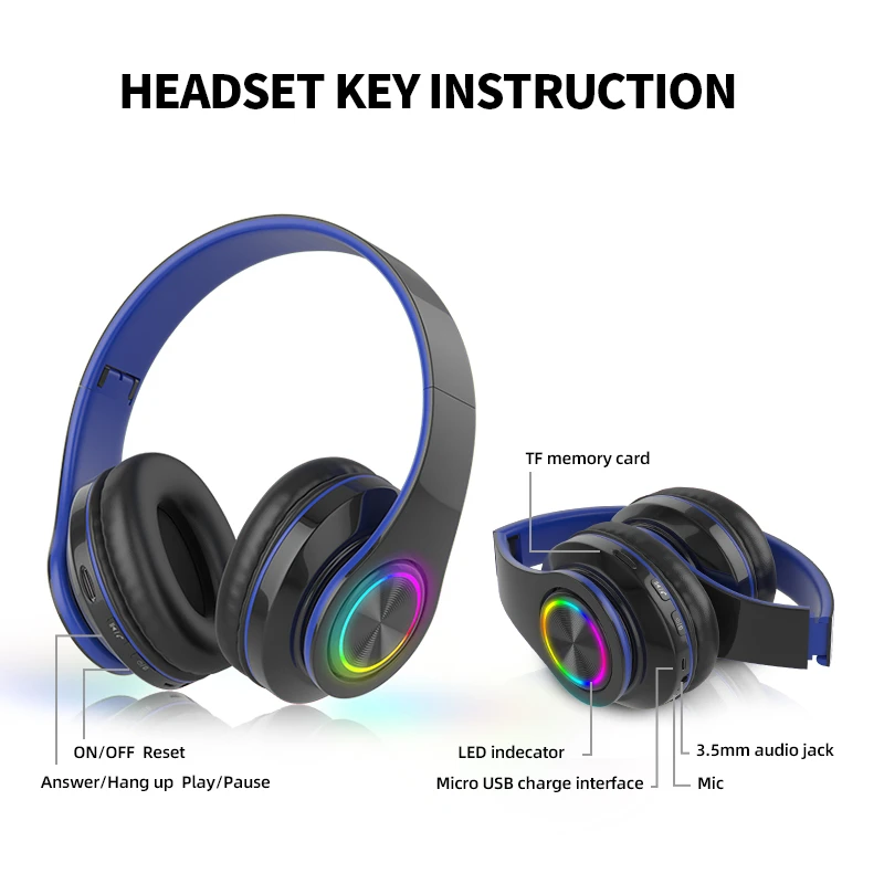 Wireless Headphones B39 with Colored LED Lights & Stereo Sound