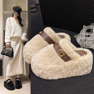 Retro Buckle Faux Fur Slippers for Women Cozy Plush Indoor Outdoor Warm Slippers Fashion Ladies Home Shoes