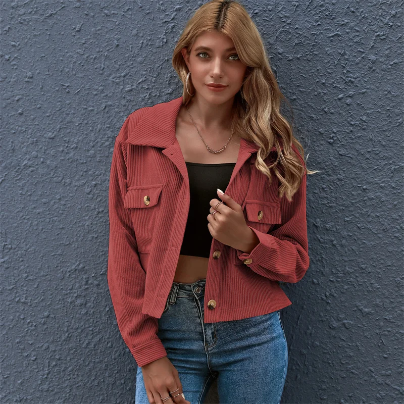 Chaquetas Y Abrigos De Pana Para Mujer,Chaqueta De Pana Ancha Lisa E  Informal,Top Corto Liso Con Bolsillos Delanteros,Otoño 2021 - Buy Mujer  Chaquetas,Mujer De Pana Camisas,De Pana De Pana Camisa Casual Product