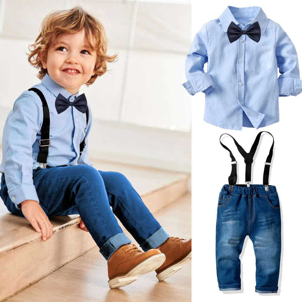 Formal Dinner baby boys wear fashion collar shirt denim toddler boys suspenders jeans suit children s party dress Alibaba