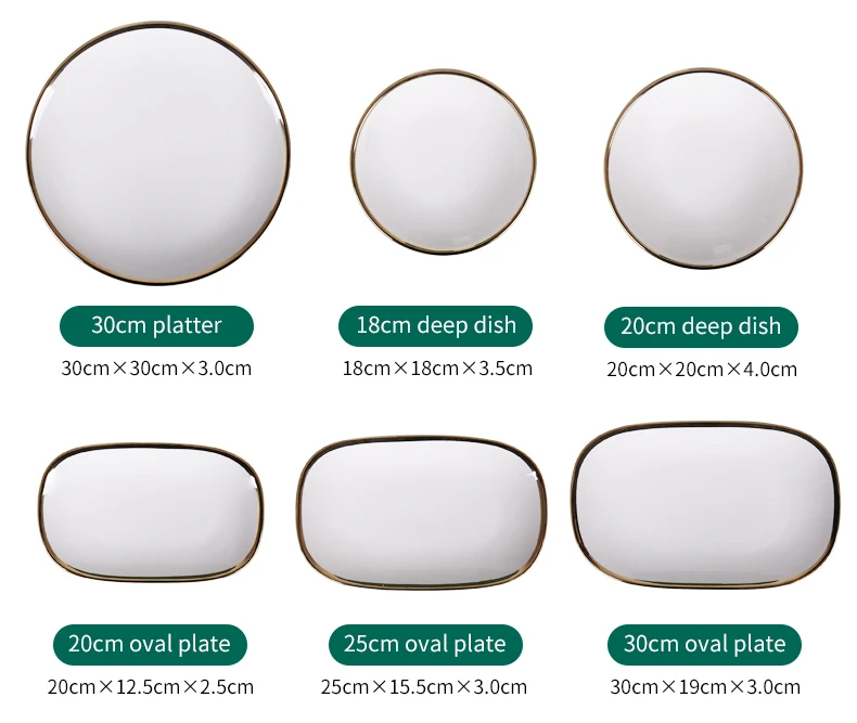 Custom Ceramic Plates Restaurant Flat Dessert White Gold Rim Dish Round