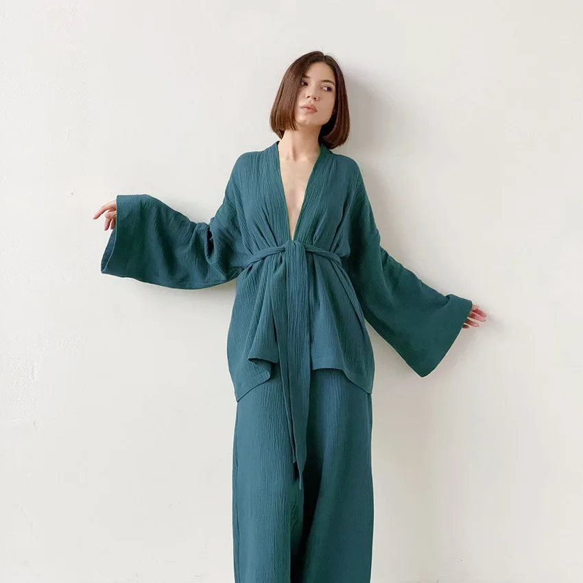 Womens Washed Cotton Gauze Pajama Set Double Layer Breathable Long Sleeve Wrap Full Length Pants Autumn Loungewear — detail