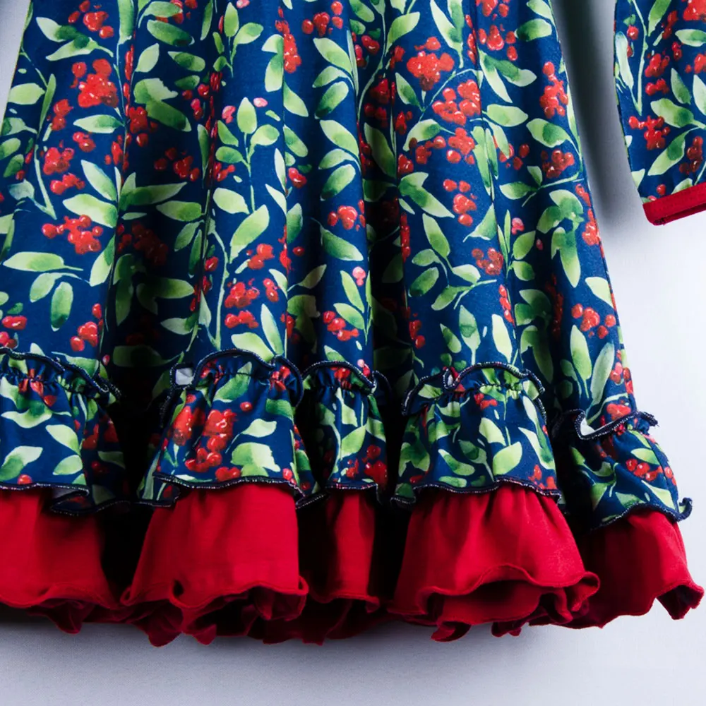 2022 Designs Winter Autumn Fall Infant Party Dresses Baby Frock Holly Twirl Floral Printed Girls New Year Kids Christmas Dress