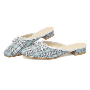 Women Light Blue Plaid Mule Pumps Bow Accent Low Block Heel Vintage Casual Spring Summer Office Daily Comfort Shoes Wholesale