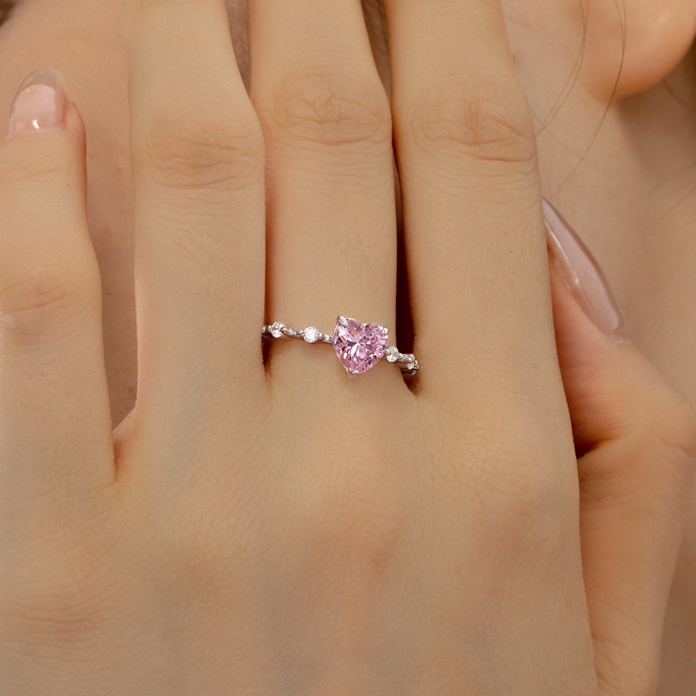 KAKODIY Iced Boutique Jewelry 925 Sterling Silver Pink Heart Ring Cubic Zirconia Engagement Wedding Ring detail 4