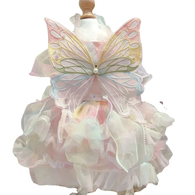 Spring Summer Pet Dress Rainbow Pink Butterfly Dog Dress Elegant Princess Dog Party Dress