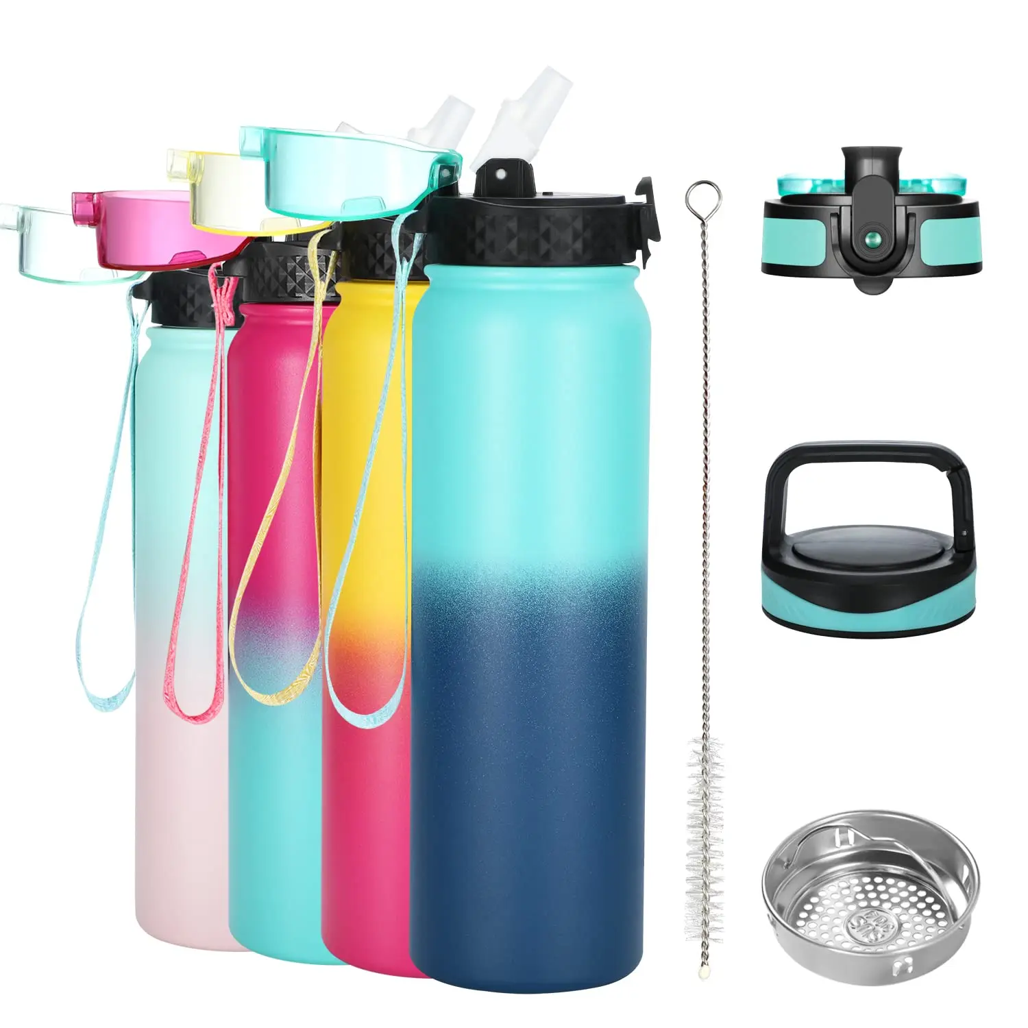 12 oz Insulated Kids Water Bottle with Straw/Chug/2 One-Click-Open Lids Fruit Strainer Stainless Steel Water Bottles Double Wall Vacuum Wide Mouth BPA