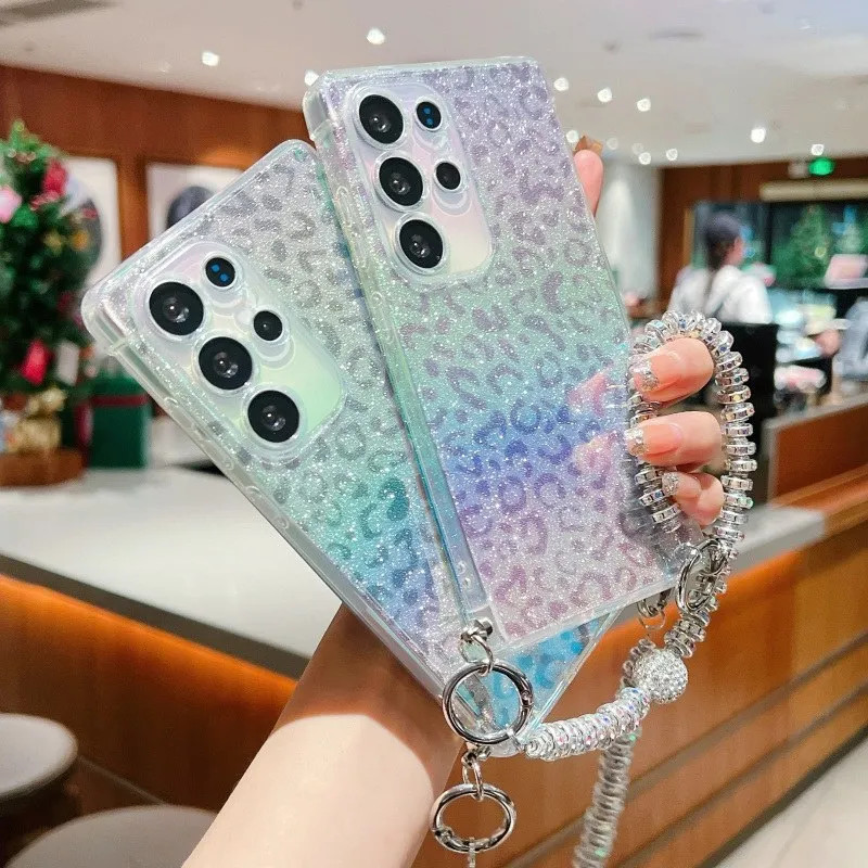 Gril's Leopard Pattern Gradient Glitter TPU Lanyard Case for Samsung Galaxy A16 A26 A36 A55 A35 A54 A52 A34 A33 Cover