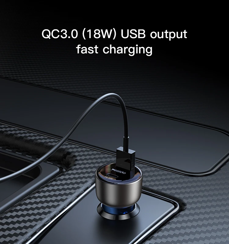 Yesido 48W Usb+Type-C Dual Port Support QC3.0 Safe Fast Charging Translucent Design Aluminium Alloy Car Charger