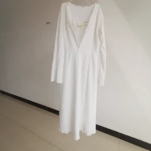 2026 Customized Women's Summer Maxi Woven Beach Dress Slit White Casual Long Flatter Sleeves Loose Fit Solid Digital Printing