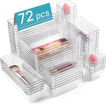 72 PCS Clear Plastic Drawer Organizers Set 4-Size Versatile Bathroom and Vanity Drawer Organizer Trays