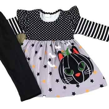 Halloween Pumpkin and bat print black Polka dot Top and pants for Girls Boutique soft and comfortable suit