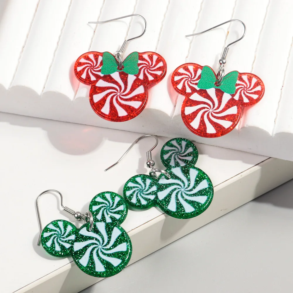 Wholesale New Stock Christmas Acrylic Drop Earrings Cute Cartoon Resin  Mouse with Bow Circular Round Anime Design for Girls
