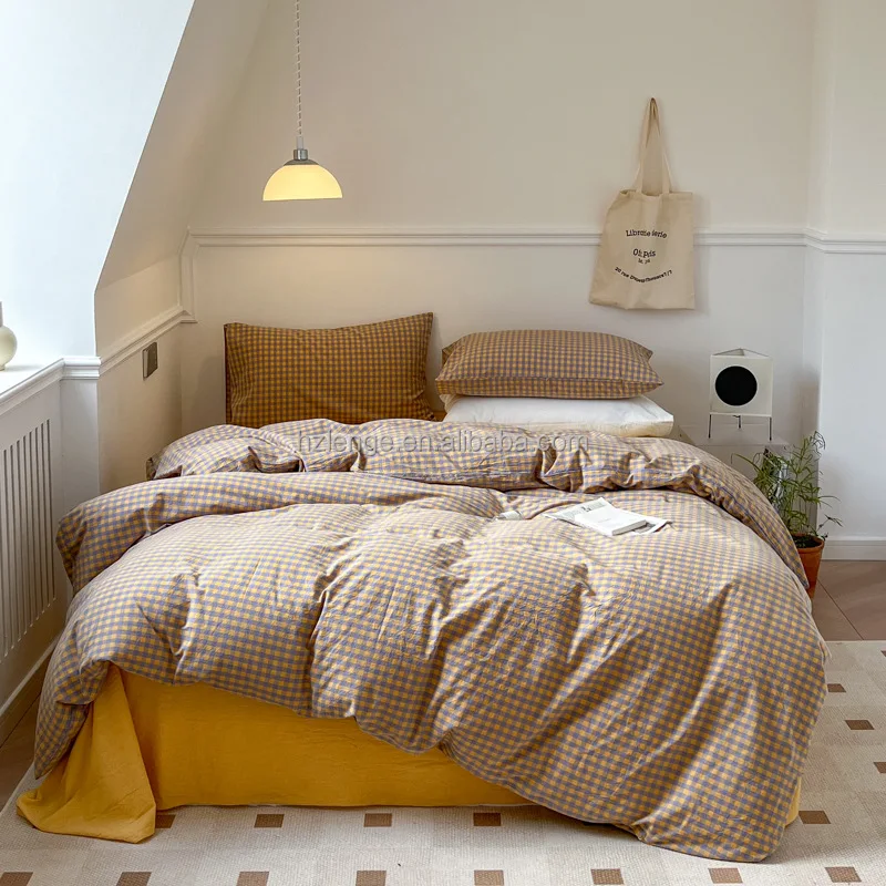 100 Cotton Sheet Set Breathable Yarn Dyed Washed Cotton Gingham