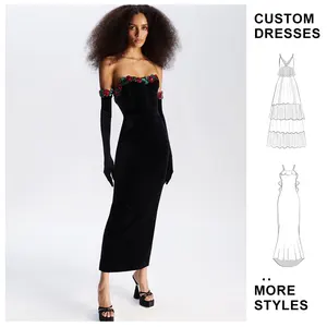 Wholesale Custom High Quality Flower Strapless Sequin Dress Gloves Lace Velvet Women Evening Elegance Party Women's Dresses