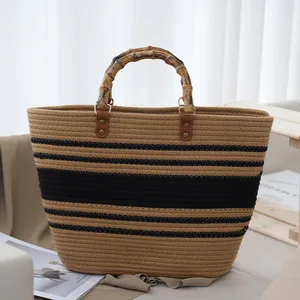 Striped Straw Bamboo Bolso De Playa Women's Tote Bags Beach Bag Bohemian Purses 2026