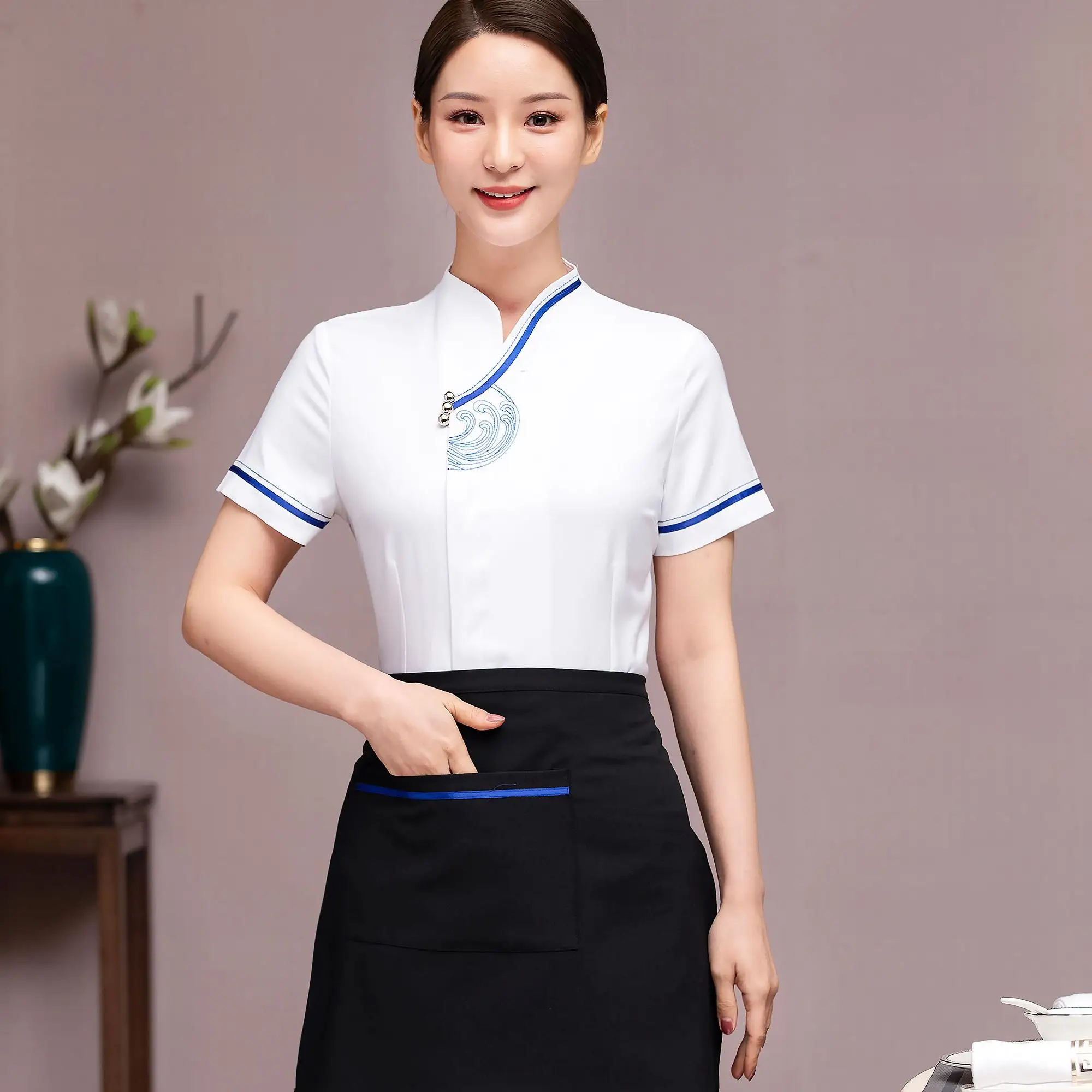 New Design Cute Sexy pink White Red Black Restaurant Waitress Dress Uniform  for Hotel Staff Waiter Uniform Apron
