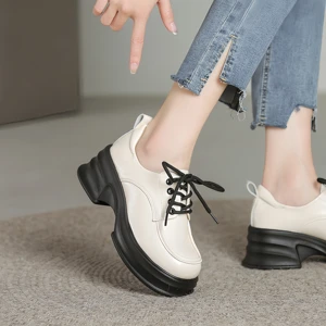Square Toe Thick Sole Soft Comfortable Lace up White Color Daily Classic Canvas Mesh Lining Women Dress Shoes Oxfords