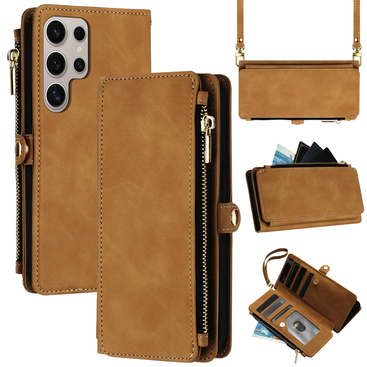 Custom Luxury Leather Phone Case with Desk Stand For Samsung S25 Plus Ultra Wallet Matte Lanyard Case Myc1253 details