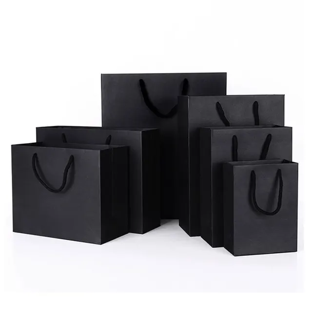 Wholesale Luxury Matte Black Gift Shopping Print Paper Bag With Logo For Clothing Black Paper Bags Custom Print Logo