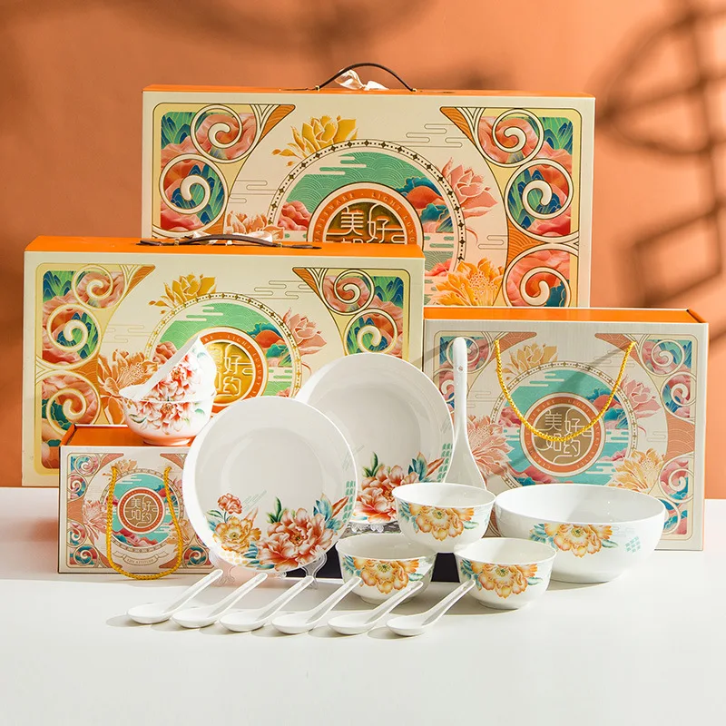 Custom Printed Glazed Ceramic Bowls and Plates Dinnerware Set for Wedding Party Souvenir Gifts & Housewarming Festival Present