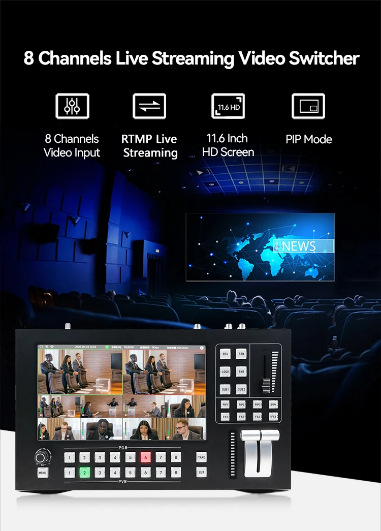 8 Channel Seamless Video Switcher Streaming,Live Stream Hdmi Sdi Rtmp Broadcast