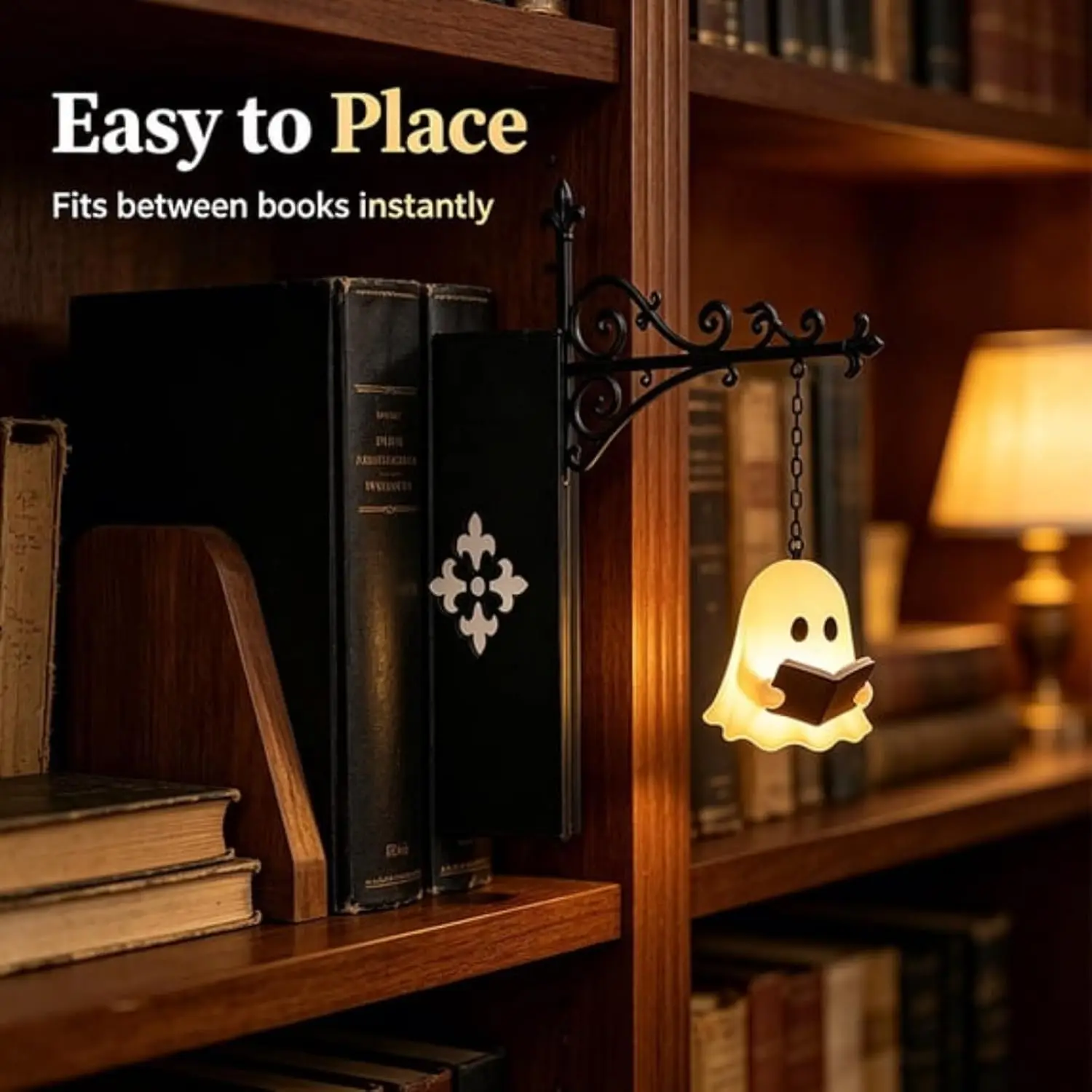 Library Lantern Plastic Bookshelf Lamp Ghost Design LED Warm White Push Button Cordless Battery Powered Reading Light Decor