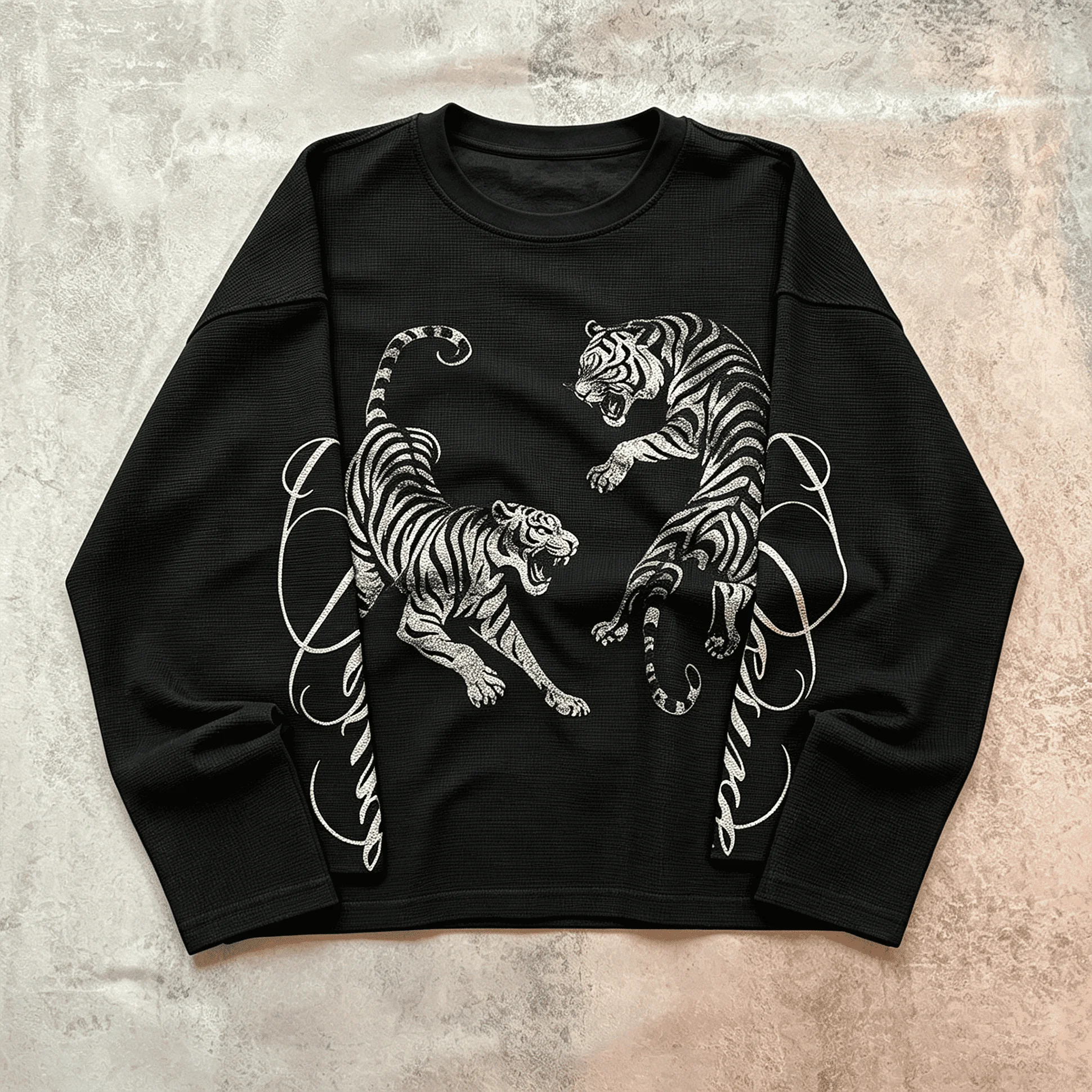 Custom Heavyweight Waffle Cotton Cropped Fit Retro Graphic Print Casual Long Sleeve T Shirt Men gallery 4
