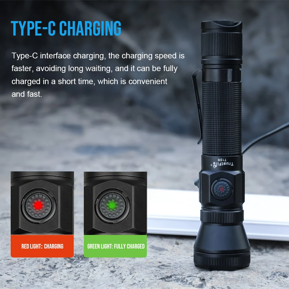 TrustFire T15R High Power 2350LM LED Climbing Torch Light 310M Long Distance IP68 Waterproof USB C 18650 Tactical Flashlight