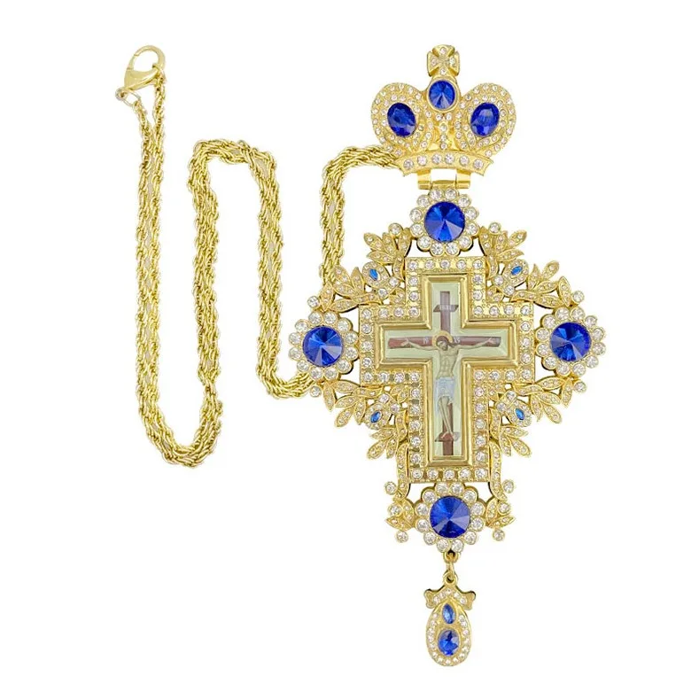 HT Alloy Gold Orthodox Greek Religious Pectoral Cross Custom Stones  Necklace of Bishop Gift