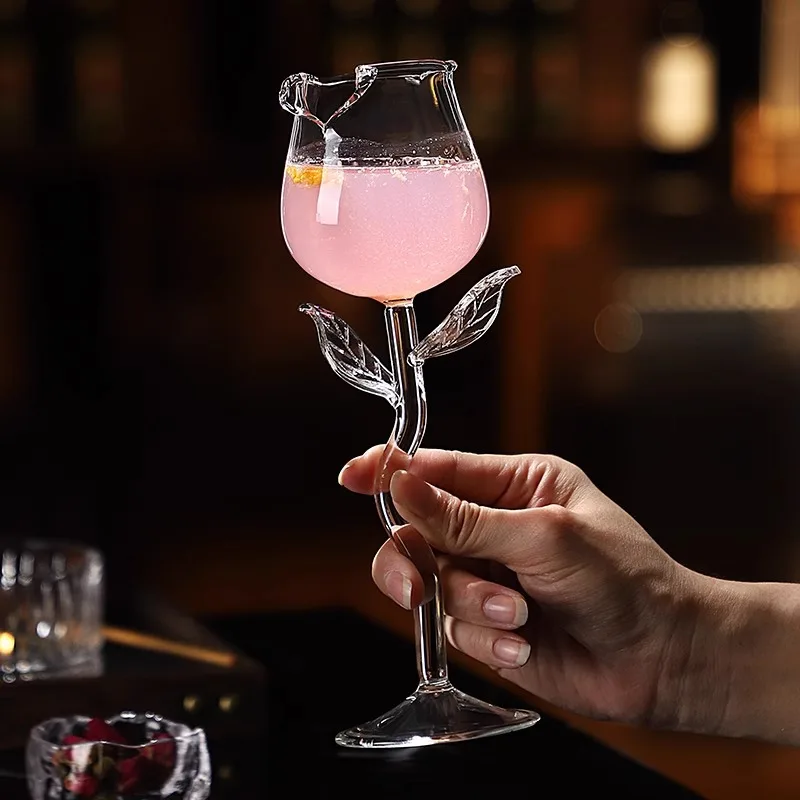 Rose-Shaped Glass Creative Unique Design Hand Blown High Borosilicate Wine Whiskey Glass Tall Rose Shaped Glass Cup