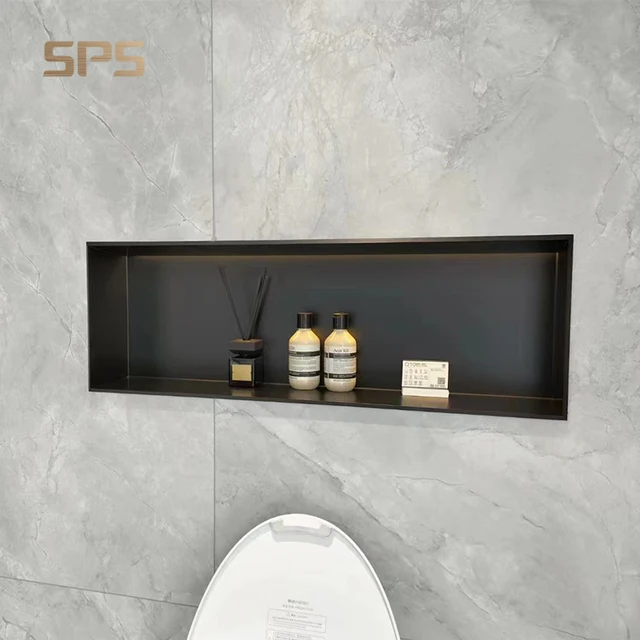 Customized 304 Stainless Steel Black Rose Gold Bathroom Shower Niche Rectangle Cabinet Led Embedded Wall Mouted Shower Niche