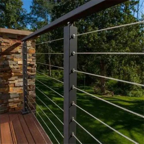 American Black design of modern steel deck railing designs with 2x2 post cable balustrade details