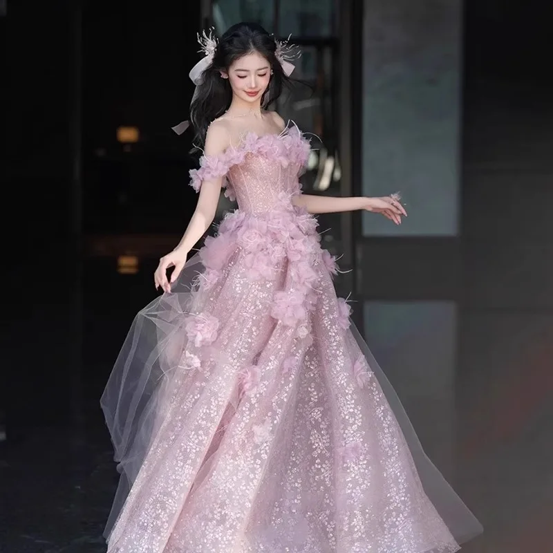 shoulder pad evening dress A-Line Off Shoulder Satin Tea Length Pink Prom Dress, Pink Formal Dres –  shopluu main image 1