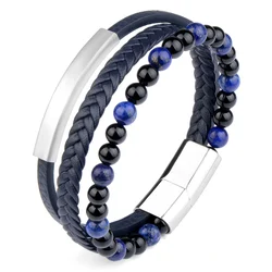 Blue Color Stainless Steel Magnetic Buckle Punk Multicycle Beads Agate Natural Stone Bracelet
