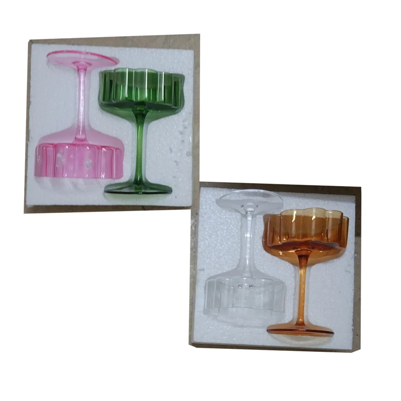 Creative Unique Style Bar Cocktail Glasses Wave Ripple Champagne Coupe Customize Logo Color Amber Green Pink Red Wine Glasses