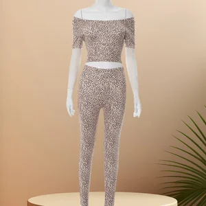 Viviblook Q25ST196 Sexy Leopard Print Set off Shoulder Short Sleeved Crop Top Tight Pants Two-piece Set for Women