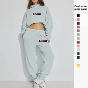 Women's Custom Crop Top and Flared Pants Activewear Fitness Tracksuit Breathable Streetwear Hoodies Sweatpants 2-Piece Set