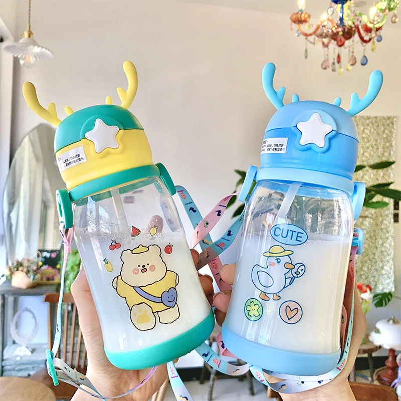 1pc 600ml Cute Student Water Bottle With Straw And Handle, Graduation Gift  For Boys And Girls, Suitable For Kindergarten