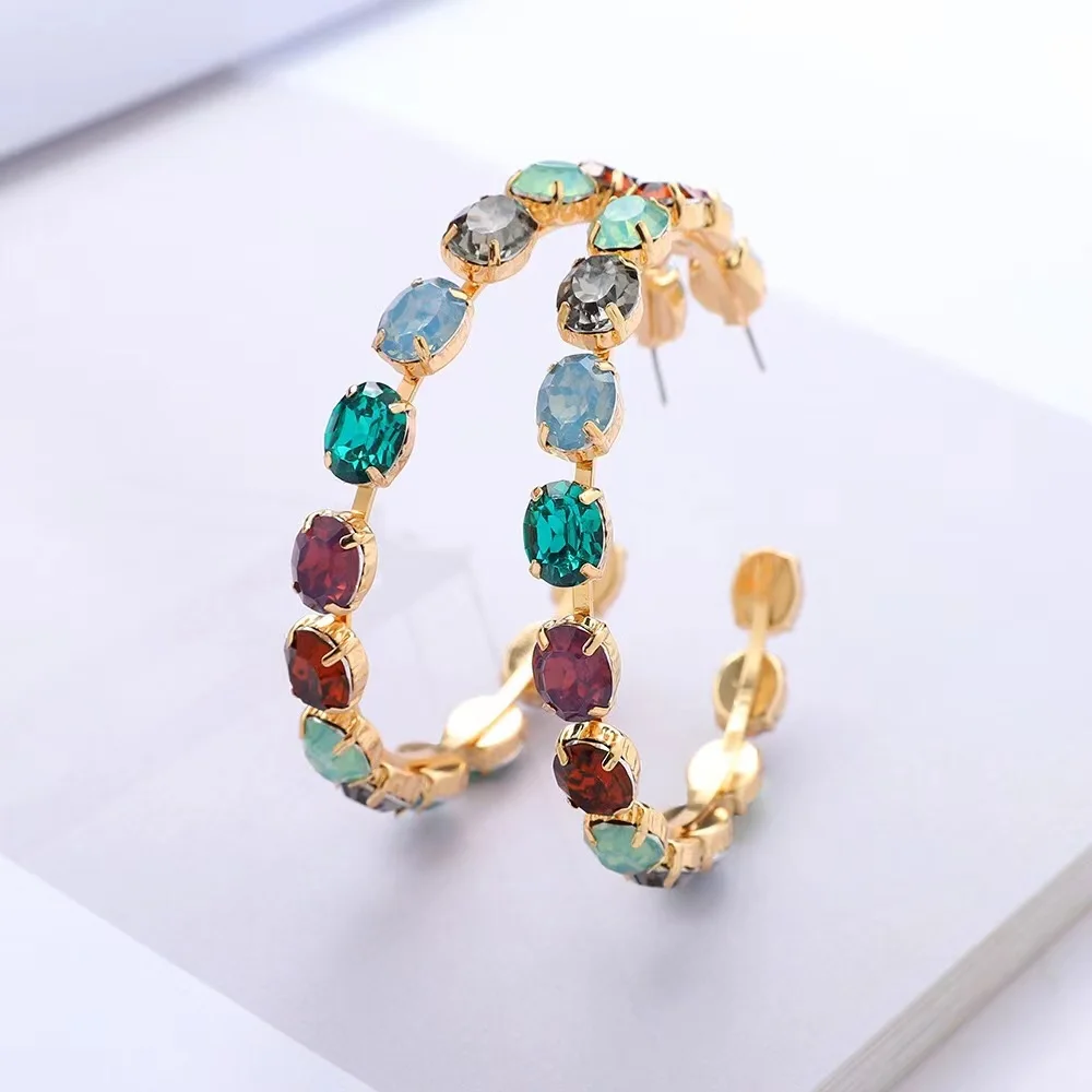 Trendy C Shape Rhodium Plated Hoops Women Jewelry Fashion Statement Glass Rhinestone Hoop Earrings