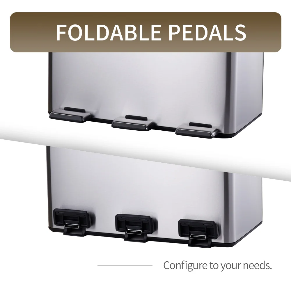 High Quality 45L 3*15L/3*3.9Gallon Triple Compartment Trash Can Stainless Steel Matte Recycle Pedal Bin With Foldable Pedals