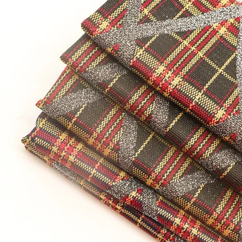 Stock China textile 210gsm black red check plaid design polyester metal wire spandex knitted jacquard fabric