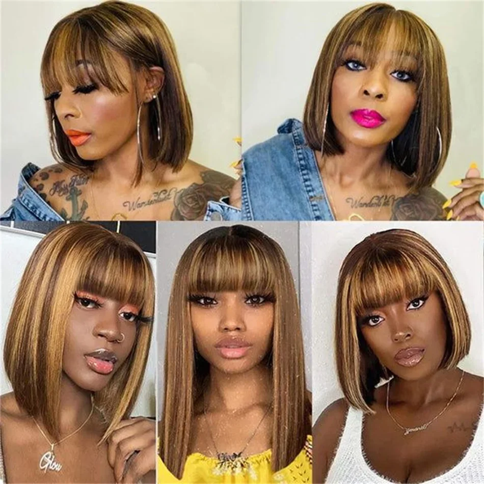 Highlight Brown Bone Straight Human Hair Bob Wig With Bangs_voghion.com
